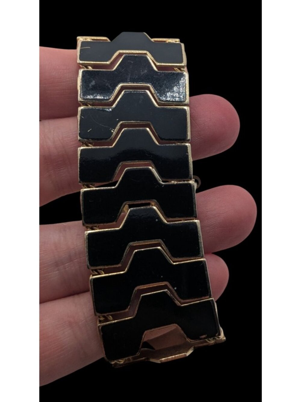 Mod MCM 1960s Vintage Black Enamel Geometric Link Bracelet Gold Tone
